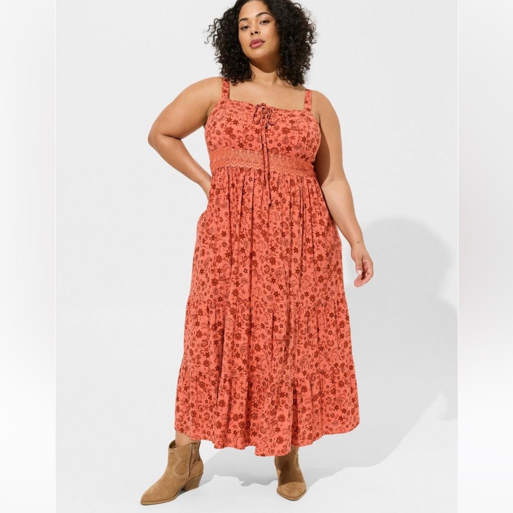Torrid Maxi Rayon Slub Lace Up Tiered Dress size 3 nwt